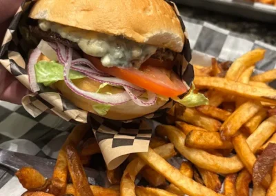 Burger and fries in a basket at Sisu Brewing Co