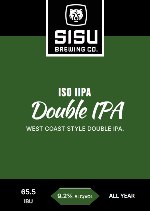 ISO IIPA West Coast Double IPA tap card from Sisu Brewing Co