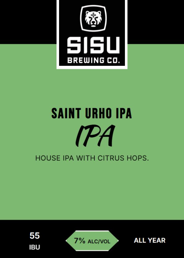 Saint Urho IPA tap card from Sisu Brewing Co