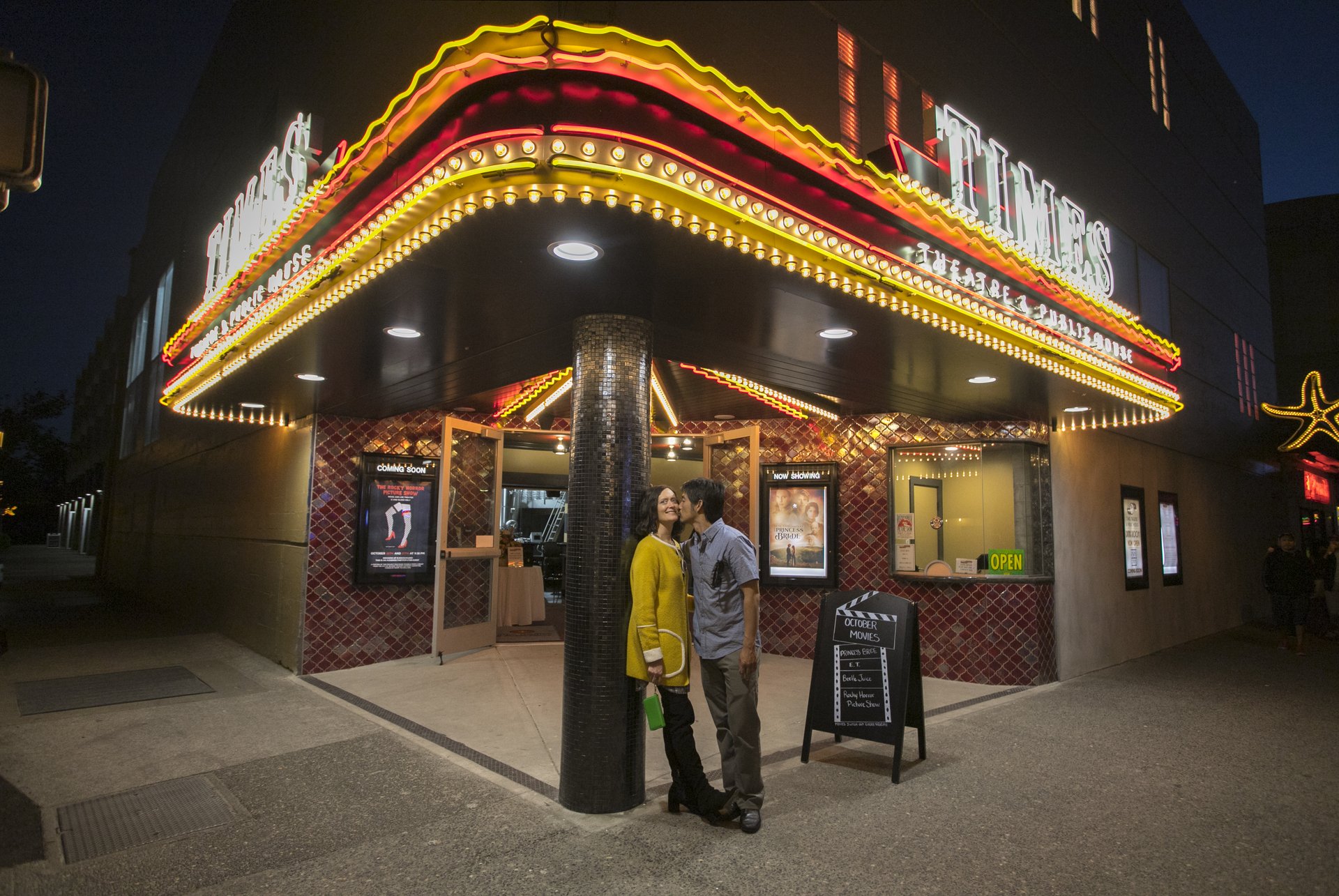 Times Theater marquee at night Lit marquee entrance of the historic Times Theater in Seaside at night