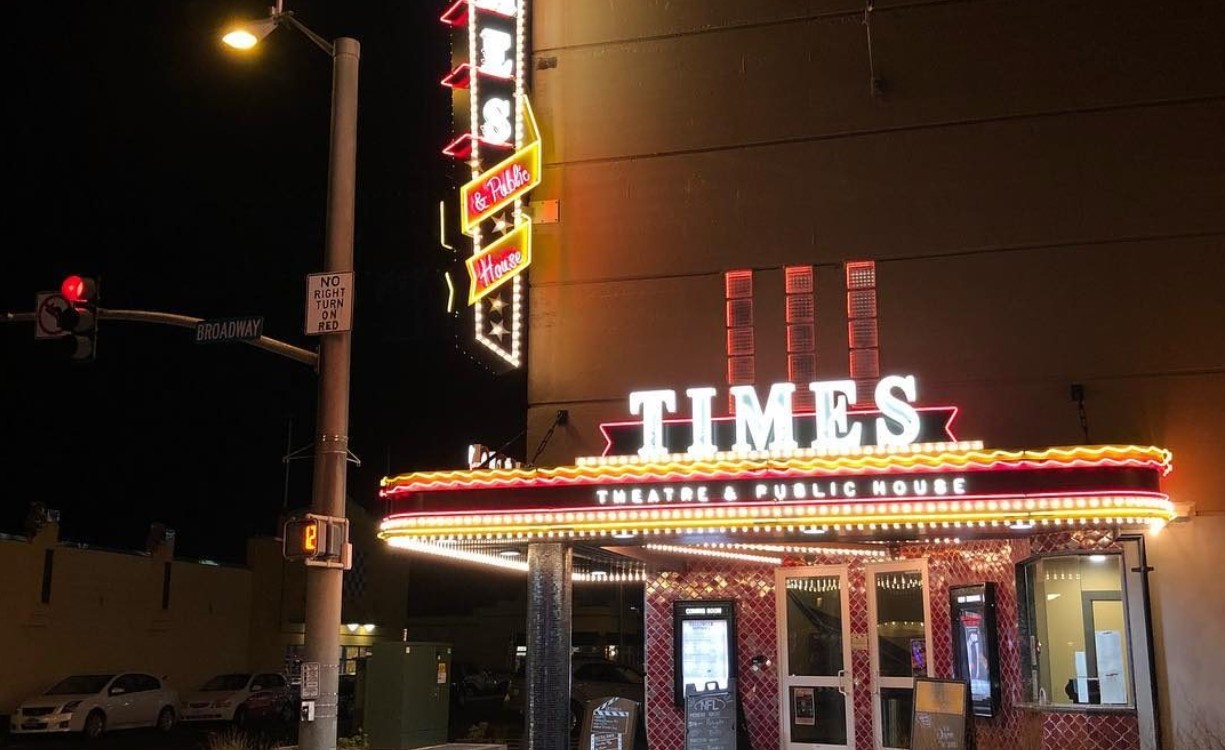 Times Theatre & Public House sign Times Theatre & Public House neon sign in Seaside at night