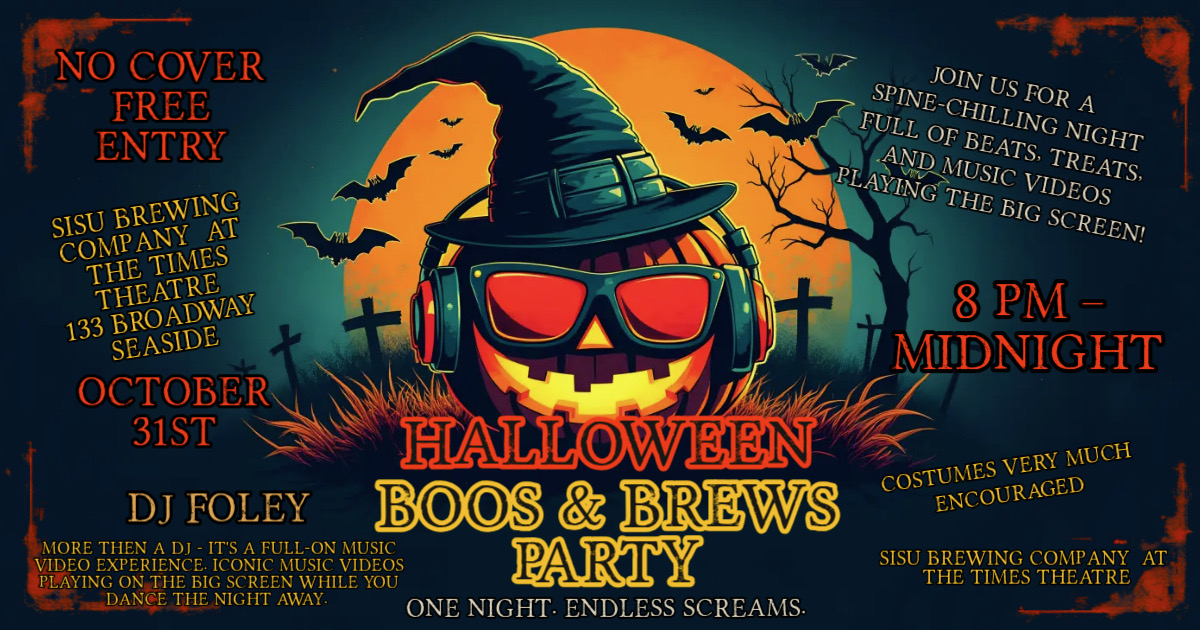 Halloween Boos & Brews Party flyer for October 31 at Sisu Brewing Co