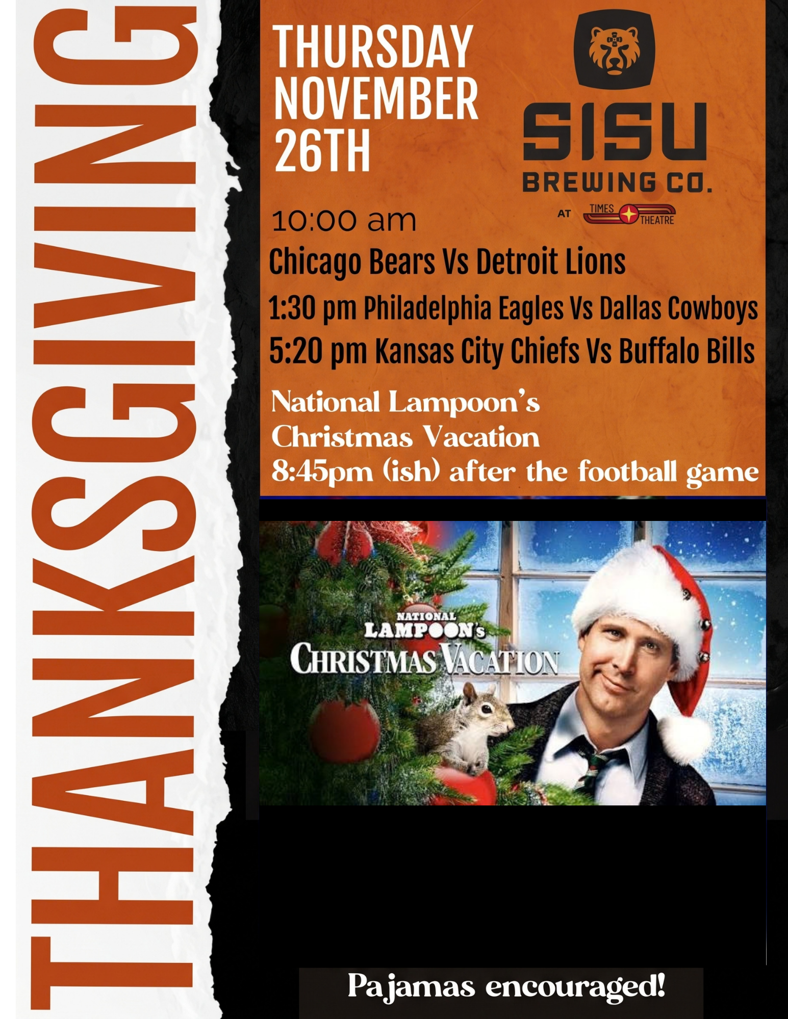 Thanksgiving football and Christmas Vacation screening at Sisu Brewing, Thursday Nov 26